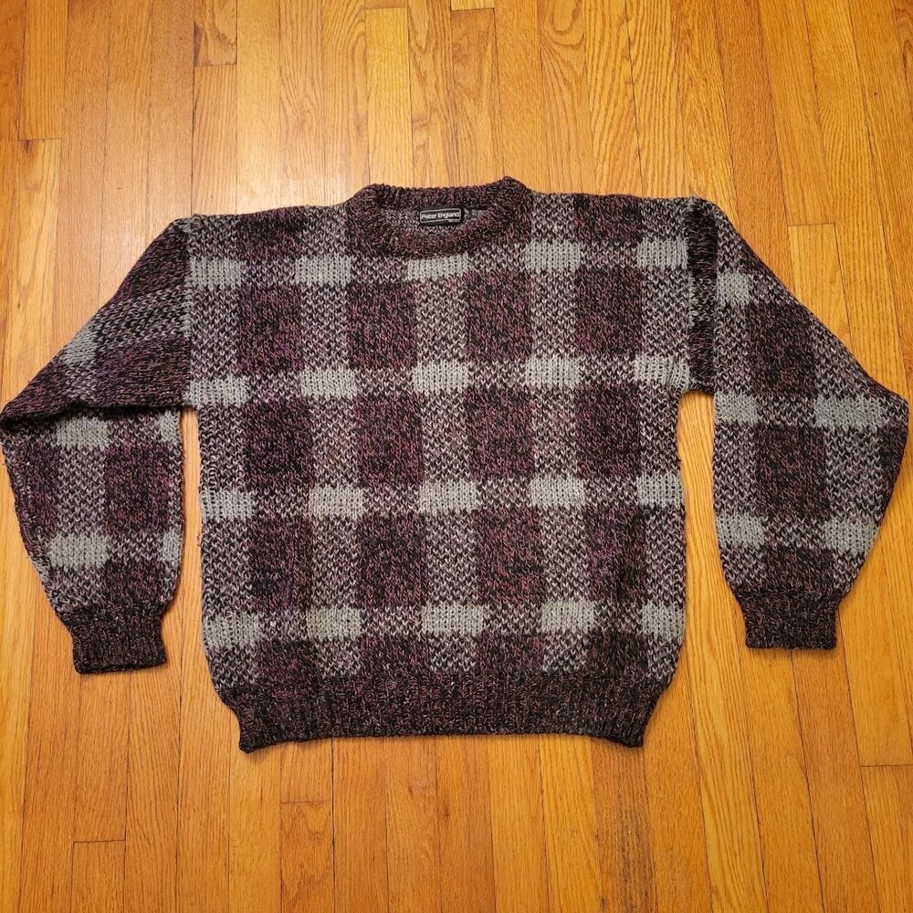 Peter England Gray Maroon‎ Plaid Sweater Wool Blend L Crew Neck Grandpacore